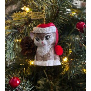 Vintage Jasco Porcelain Kitty Ornament With Santa Hat & Pom Pom Red White Brown